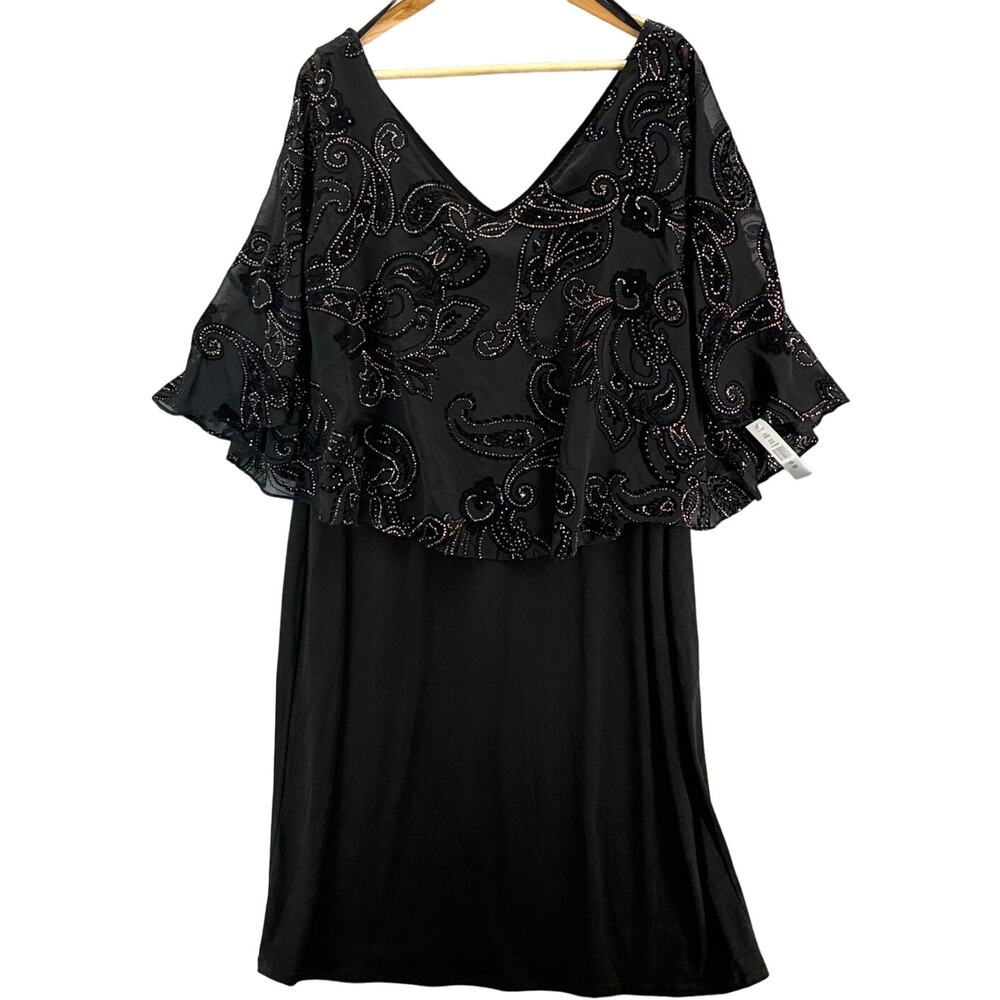 JM Studio John Meyer Black Gold Paisley Sheer Cape Midi Dress Women 16W